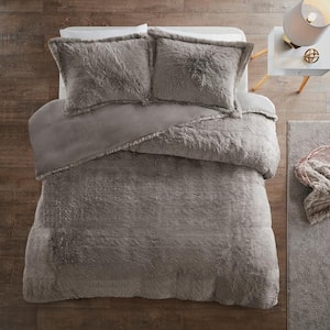 Leena 3-piece Grey Full/Queen Shaggy Fur Duvet Cover Set