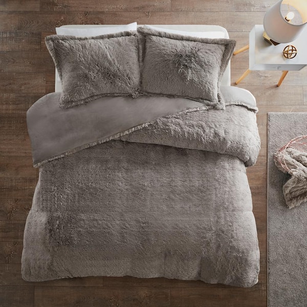 Leena 3-piece Grey Full/Queen Shaggy Fur Duvet Cover Set