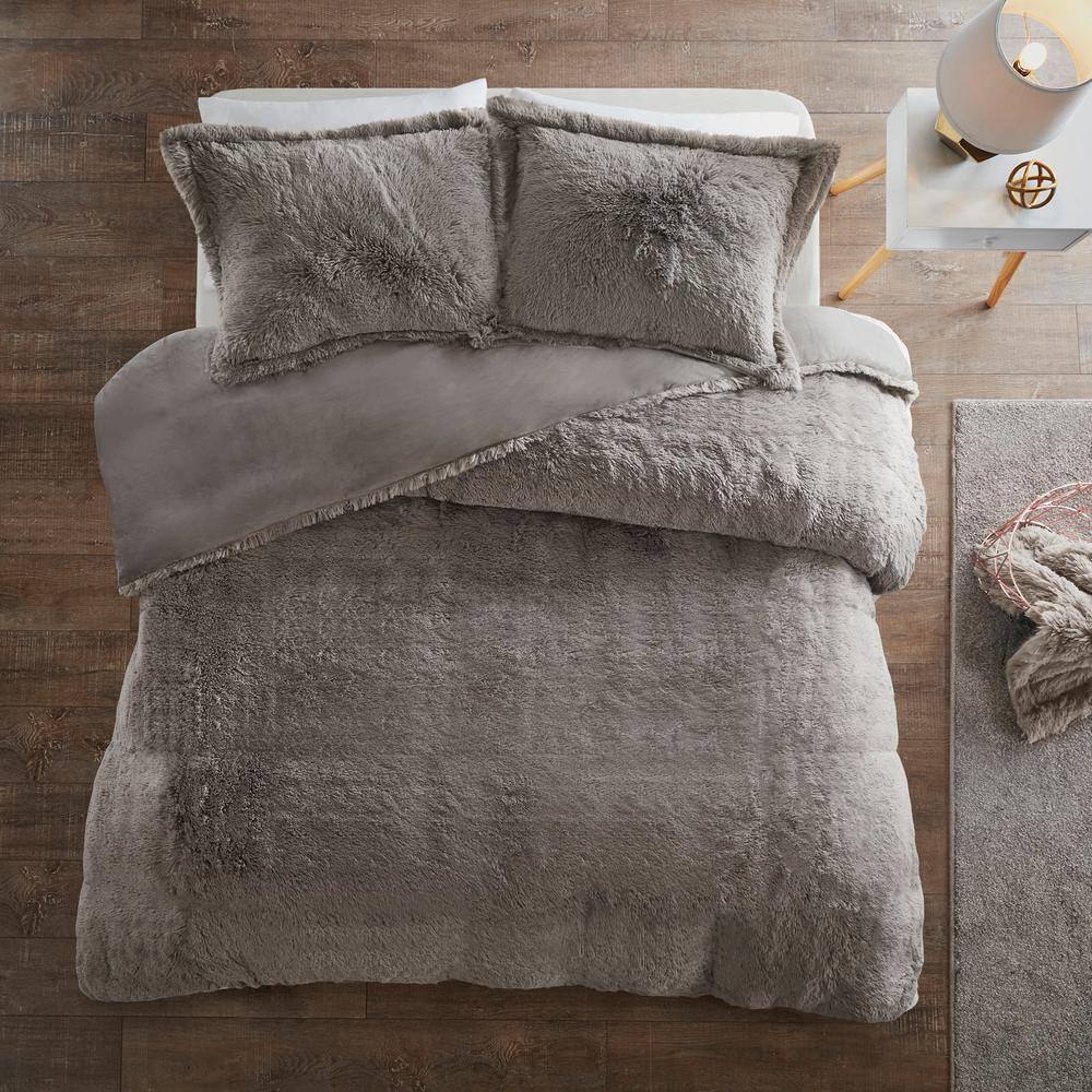King Gray Shaggy Faux Fur Bedspread Cover Set