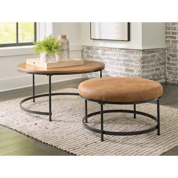 Signature DESIGN BY ASHLEY Drezmoore 36 in. Brown/Black Round MDF Nesting Coffee Table (Set of 2)