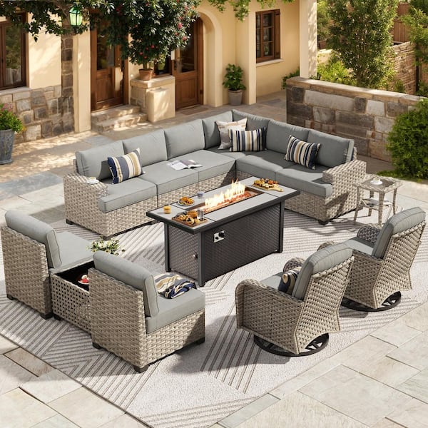 Tibercy Gray 13-Piece Wicker Patio 54 in. Rectangle Fire Pit Conversation Set with Dark Gray Cushions and Swivel Chairs