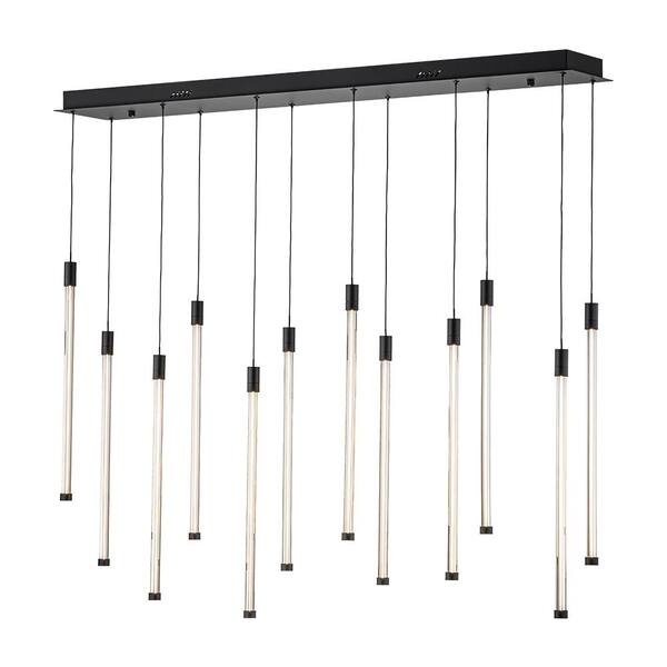 HUOKU Aurora 44.1 in. 12-Light Rectangle Dimmable Integrated LED Matte Black Chandelier with Strip Cylinder LED Bulbs