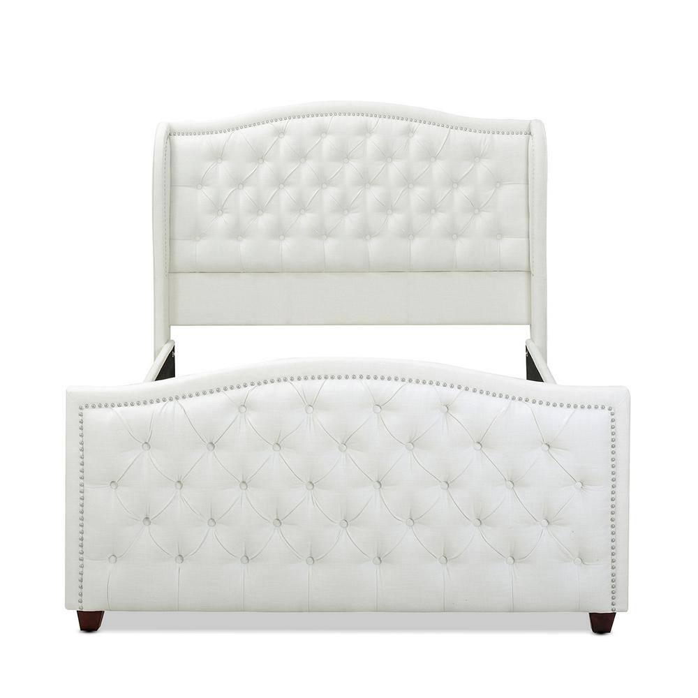 Antique White Tufted Upholstered Queen Bed with Nailhead Trim