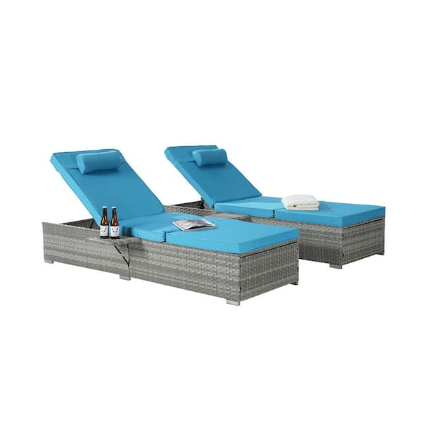 2-Pieces PE Rattan Wicker Outdoor Patio Chaise Lounge with Cup Holder, Blue Cushions