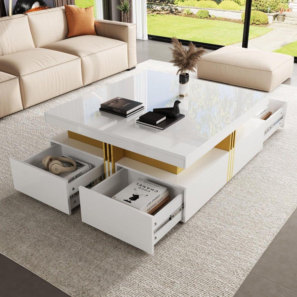 Modern High-Gloss 43.3 in. White Square MDF Coffee Table with 4 Storage Drawers price history on PriceWatchPro