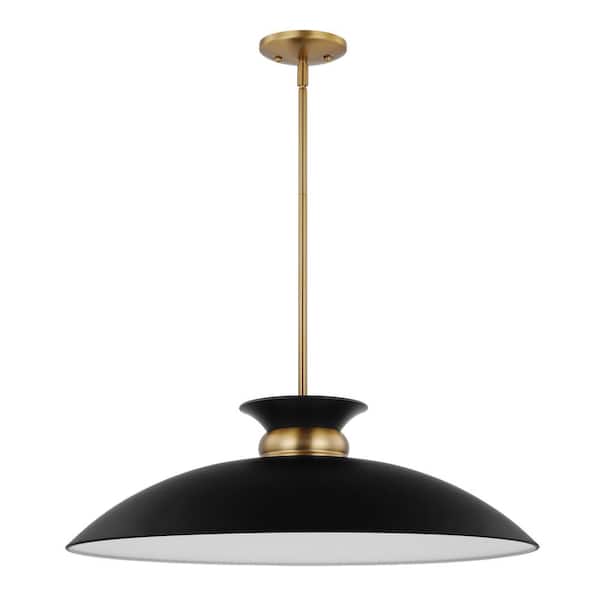 Perkins 100-Watt 1-Light Matte Black/Burnished Brass Shaded Pendant Light with Black Metal Shade, No Bulbs Included