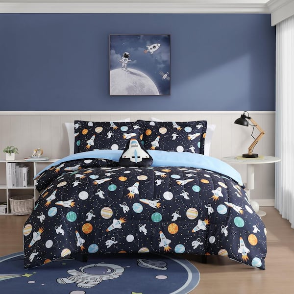 Outer Space Explorer Boy's Midnight Blue Soft Comforter Set 3-Piece-Twin