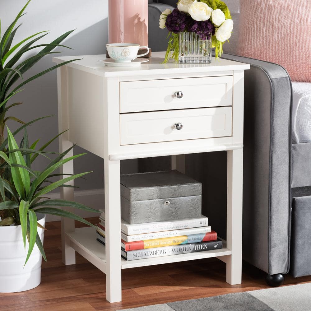 White Wood 2-Drawer Nightstand with Silver Knobs