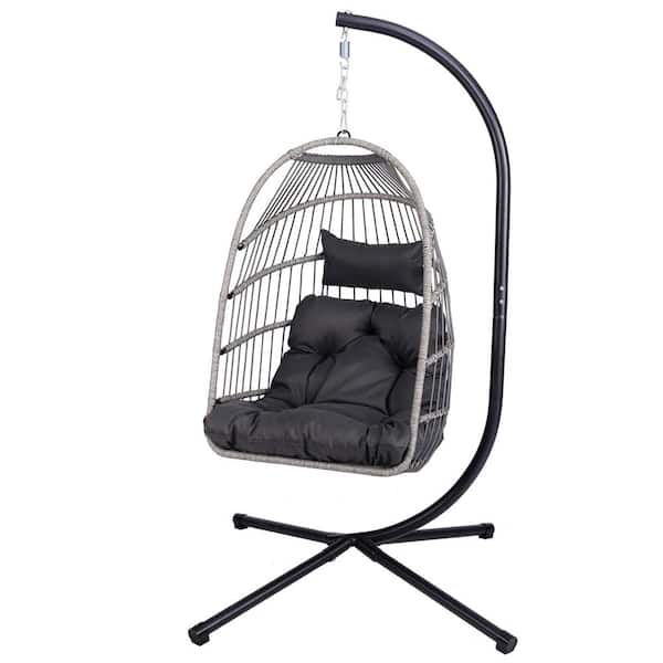 Black Metal Patio Swing with Dark Gray Cushion with Stand