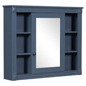 35 in. W x 7.1 in. D x 28.7 in. H Bathroom Storage Wall Cabinet in Blue with 6 Open Shelves and Mirror