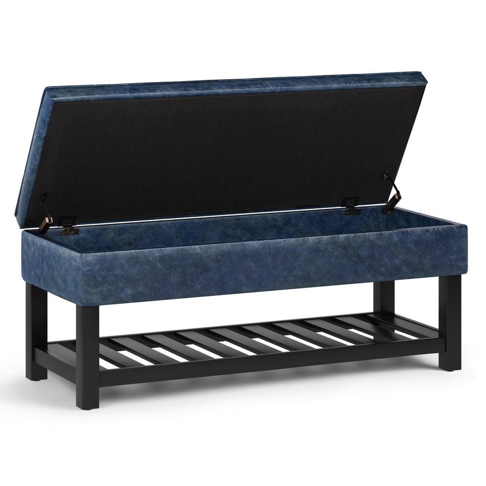 Denim Blue Faux Leather Tufted Ottoman Bench with Open Storage