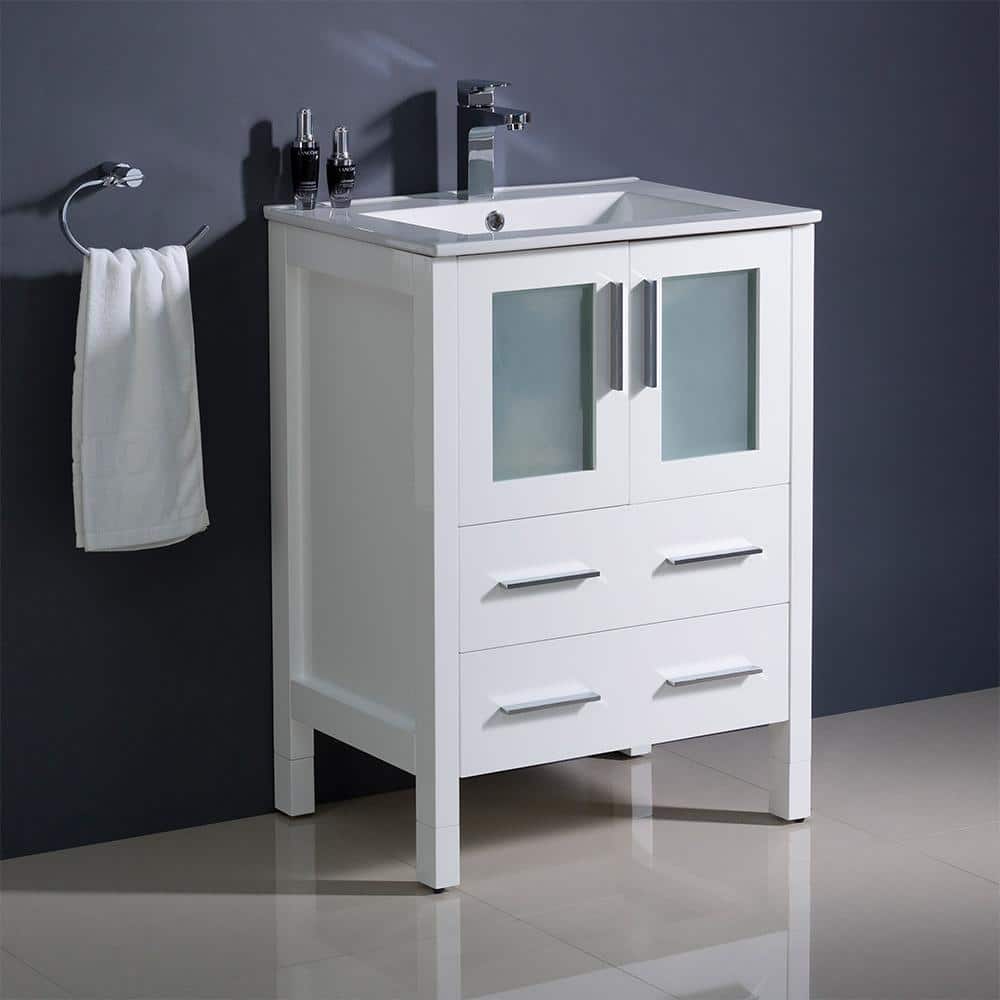 24" Modern White Engineered Wood Bathroom Vanity with Integrated Ceramic Sink