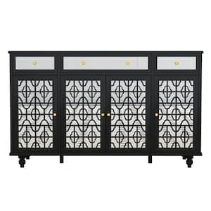 57.87 in. W x 15.55 in. D x 35.43 in. H Black Linen Cabinet with 4 Mirror Doors and Adjustable Shelves