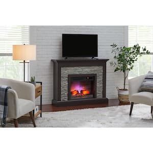 Whittington 50 in. W Freestanding Electric Fireplace in Brushed Dark Pine with Gray Faux Stone