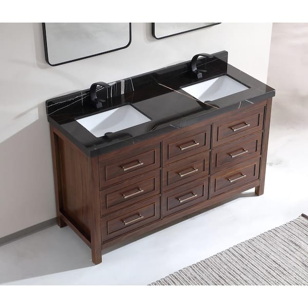 Luxury Ebony Series 60 in. 1 Freestanding Dark Brown Finish Bath Vanity with 2 in. Black Natural Marble Top Assembled