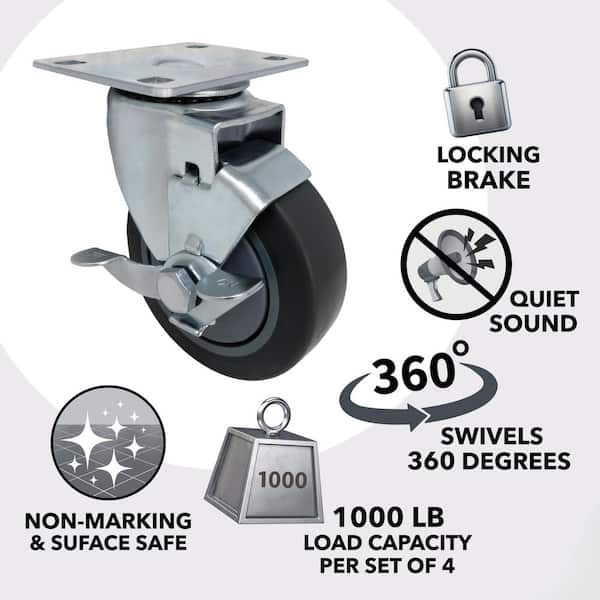 4 in. Gray Rubber Like TPR and Steel Swivel Plate Caster with Locking Brake and 250 lb. Load Rating