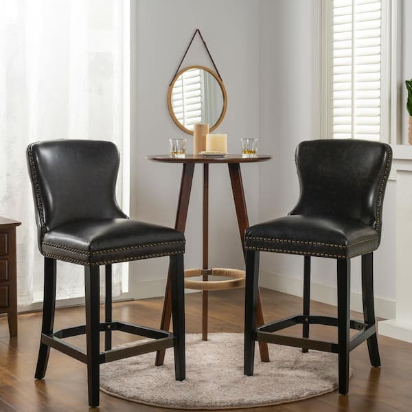 Jennifer Taylor Sonoma 27 in. Black Brown Faux Leather Upholstered Armless Bar Stool and Counter Stool with Wood Frame Set of 2
