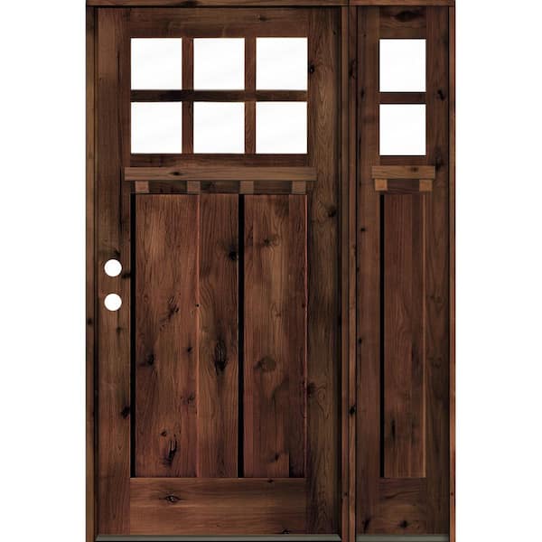 Krosswood Doors 50 in. x 80 in. Craftsman Alder 2 Panel Right-Hand 6 Lite Clear Glass DS Red Mahogany Wood Prehung Front Door/Sidelite