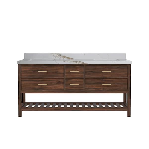 Willow Collections Parket Teak 72 in. W x 22 in. D x 36 in. H Double Sink Bath Vanity in Dark Walnut with Calacatta Gold Qt. Top