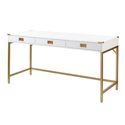 Nicole 62.75 in. White Office Writing Desk with Gold Metal Frame