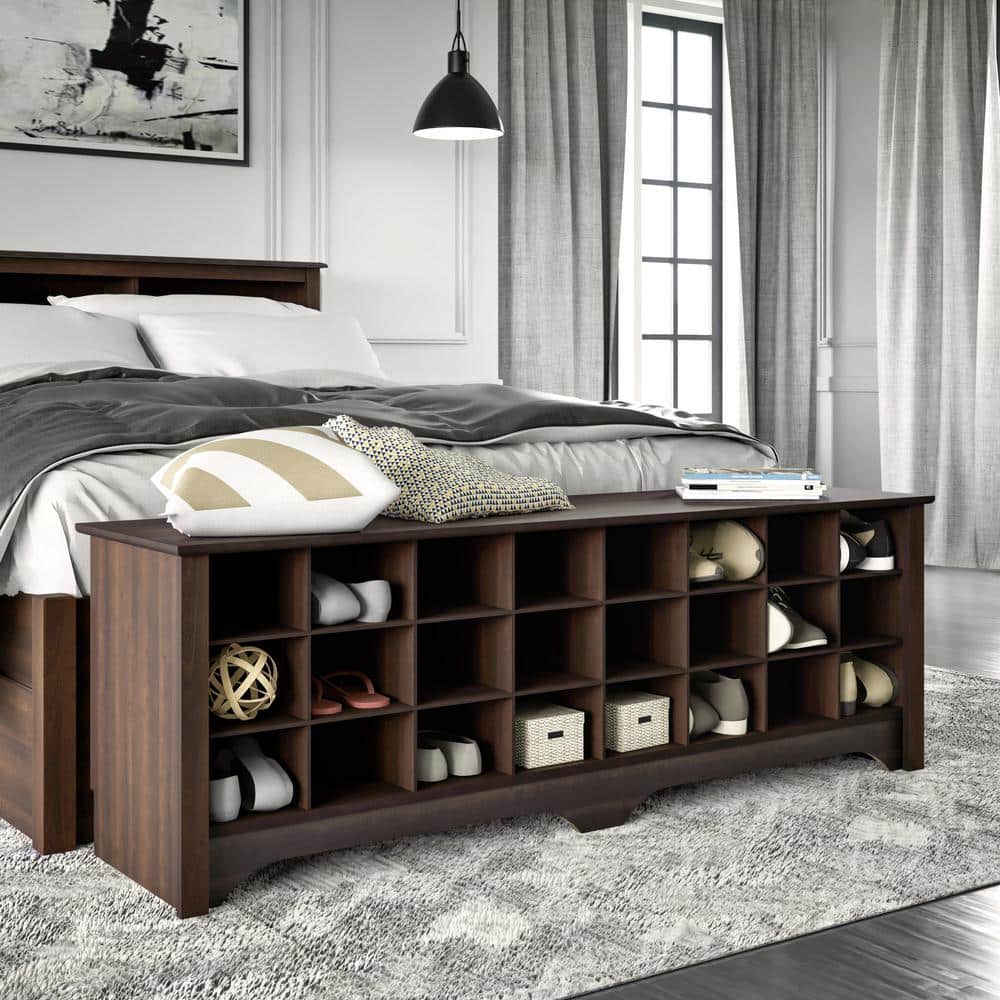 Espresso Entryway Shoe Cubby Bench with 24 Storage Compartments