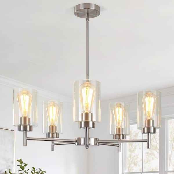 5-Light Nickel Hanging Modern Linear Chandelier Lighting Kitchen Island Ceiling Light with Glass Shade