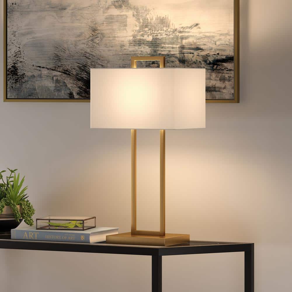 Brass and White Rectangular Nightstand Lamp with Oblong Shade