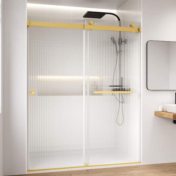 Fluted / Reeded Glass 66 in. W x 76 in. H Double Sliding Frameless Bath Shower Door in Brushed Gold