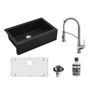 QA-740 Quartz 34 in. Single Bowl Farmhouse Apron Kitchen Sink in Black with KKF210 Faucet in Stainless Steel