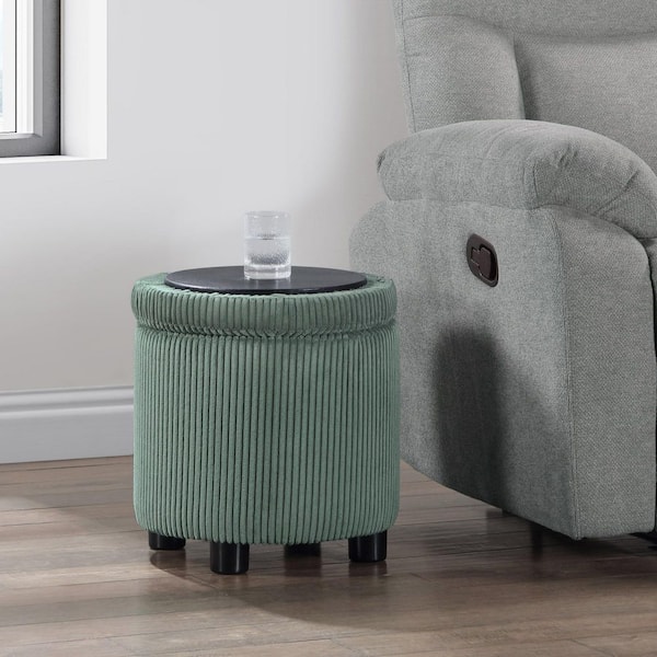 Convenience Concepts Designs4Comfort Dark Sage Green Corduroy Round Accent Storage Ottoman with Reversible Tray