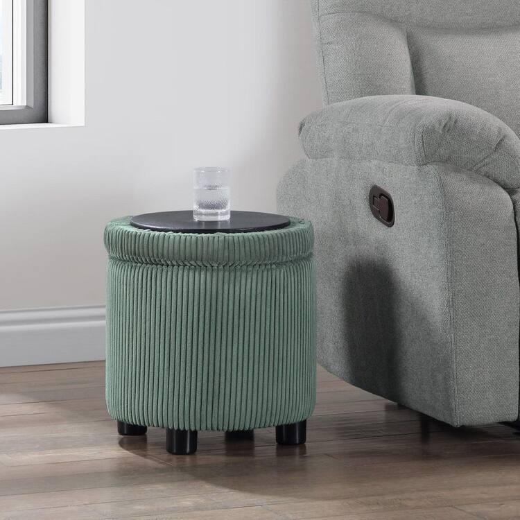 Convenience Concepts Designs4Comfort Dark Sage Green Corduroy Round Accent Storage Ottoman with Reversible Tray