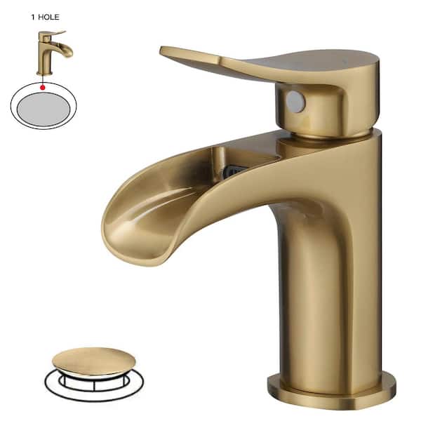 BWE Waterfall Single Handle Single Hole Farmhouse Bathroom Faucet Bathroom Drip-Free Lavatory RV Sink Faucet in Brushed Gold