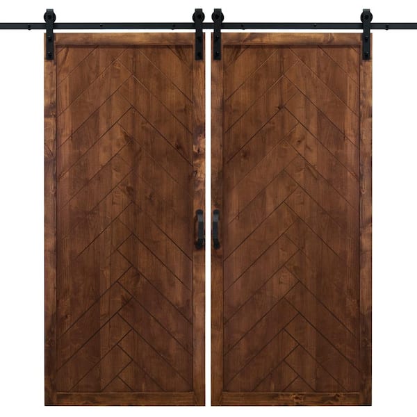 Dogberry 36 in. x 84 in. Herringbone Walnut Double Sliding Barn Door with Hardware Kit
