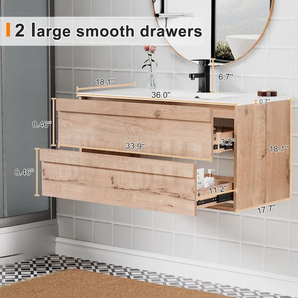 36 in. W x 18.1 in. D x 18.1 in. H Single Sink Bath Vanity in Oak with White Ceramic Top and Drain Faucet Set