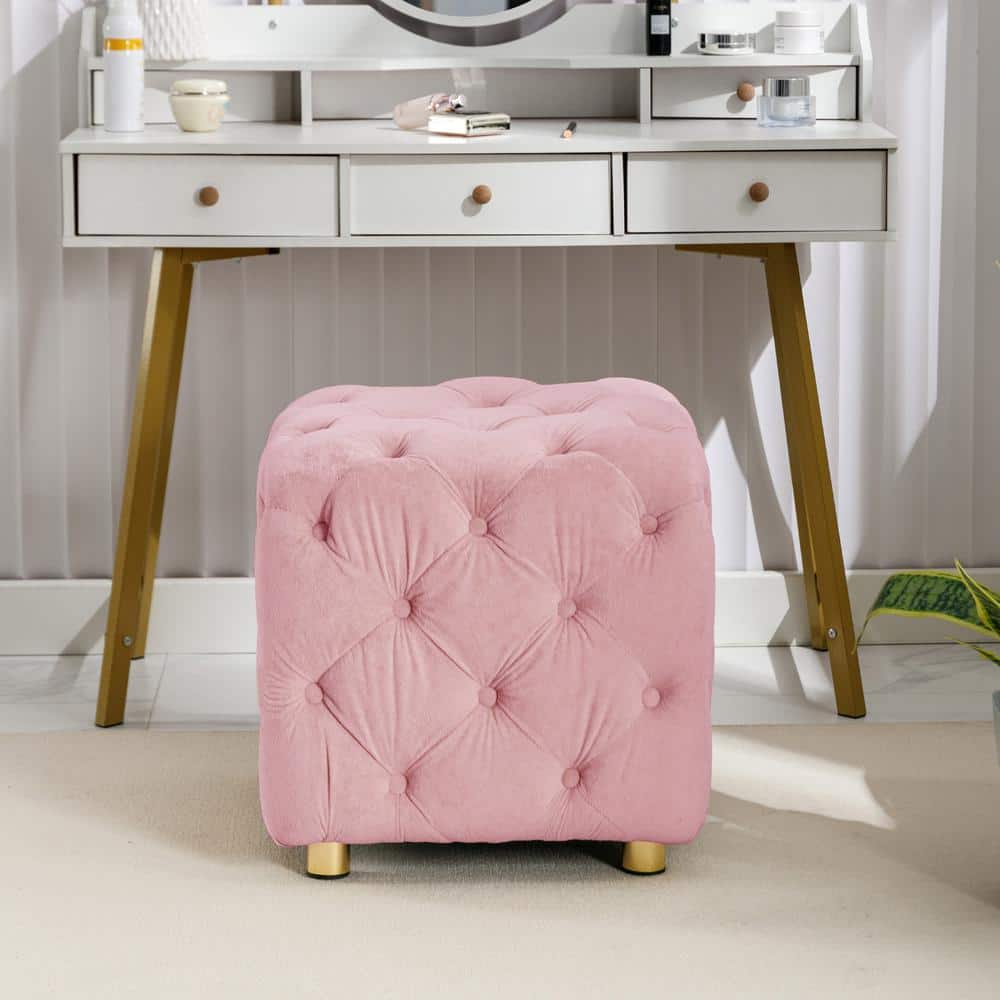 Pink Velvet Tufted Button Round Ottoman Stool