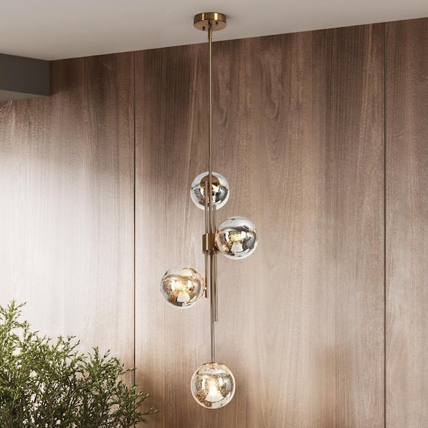 LNC Crithmum 4-Light Plating Brass Linear Island Chandelier Modern/Contemporary Pendant Light with Mercury Glass Globes