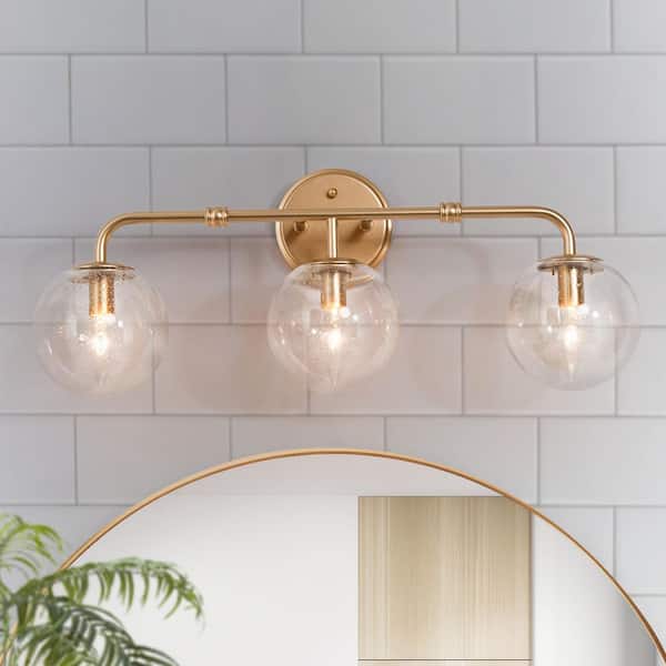 Uolfin Modern Gold Bathroom Vanity Light Bar, 24.4 in. 3-Light Transitional Brass Wall Sconce with Seeded Globe Glass Shades