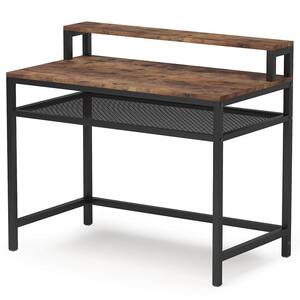 Witham 39.3 in. W Rectangle Rustic Brown Wood Computer Desk with Monitor Stand and Mesh Design Shelf