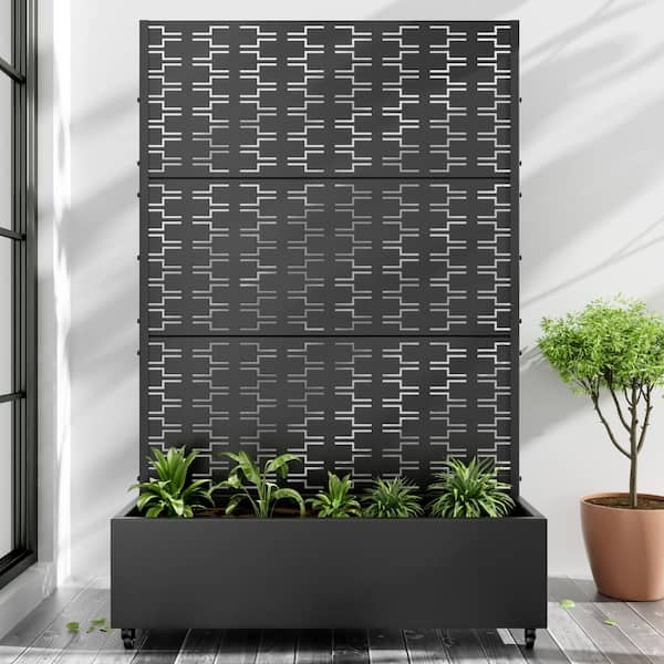 Lirago 72 in. x 47 in. Black Outdoor Metal Privacy Screen Raised Planter Box Wall Decor