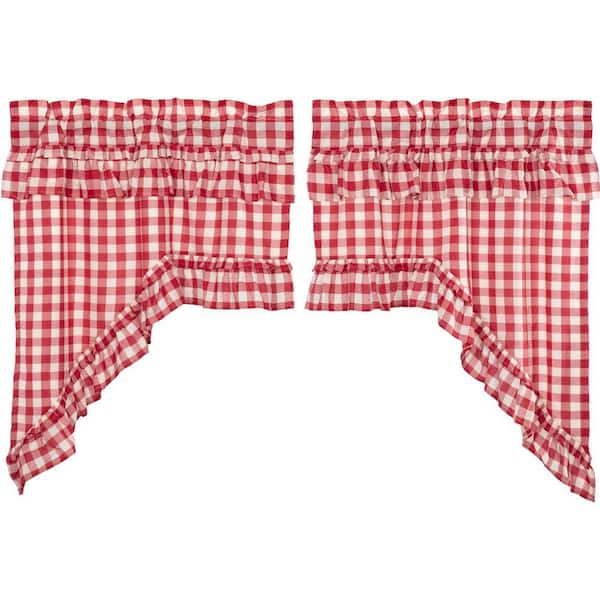 Annie Buffalo Check Ruffled 36 in. L Cotton Swag Valance in Red White Pair