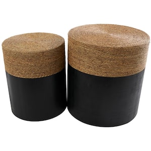 19 in. Black Handmade Colorblock Wrapped Large Round Wood Coffee Table with Dried Plant Tabletops (2- Pieces)