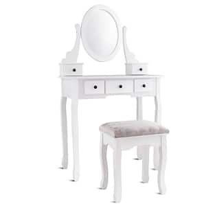 2-Piece White Makeup Desk Vanity Dressing Table Set with Oval Mirror Stool 5-Storage Drawers
