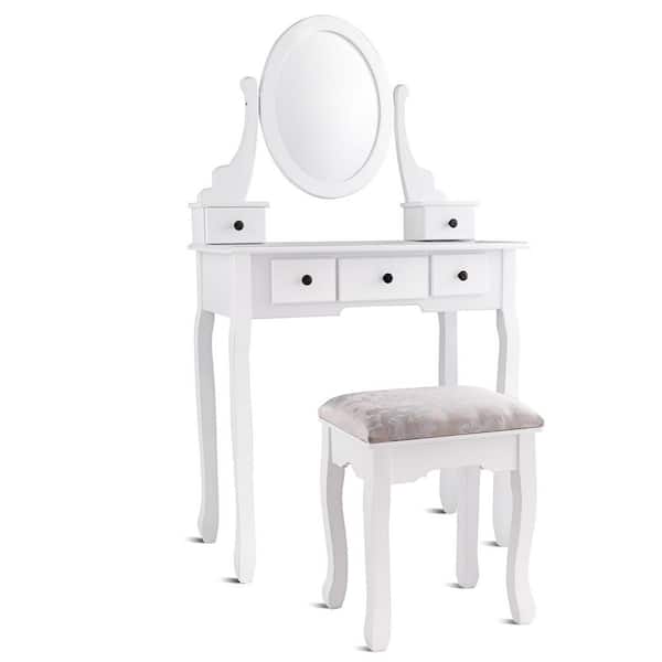 Oval Mirror Stool 5 Storage Drawers, White Vanity Dressing Table Set