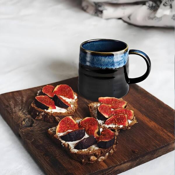 Wudkey 16 oz. Black and Blue Creamic Tea Cups with Handle, Handmade Wide Bottom Pottery Mug, Dishwasher and Microwave Safe