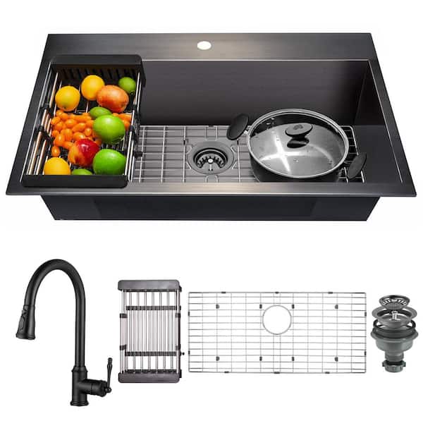 AKDY All-in-One Matte Black Finished Stainless Steel 33 in. x 22 in. Drop-In Single Bowl Kitchen Sink with Faucet