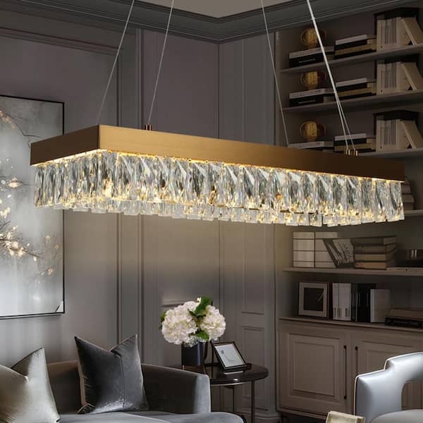 Modern 1-Light Plating Brass Rectangle Integrated LED Chandelier, Glam pendant light with Crystal Accent for Living Room