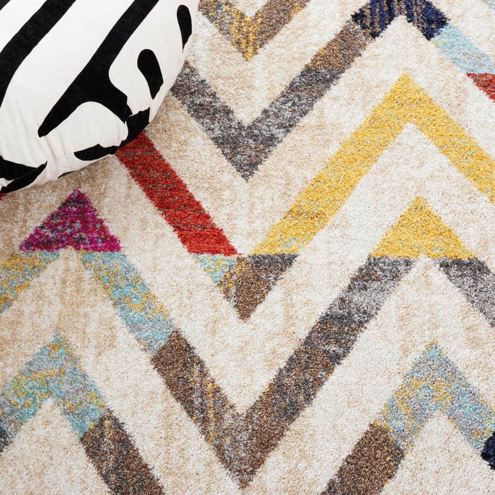 Ivory Multicolor Chevron Pattern Synthetic Area Rug