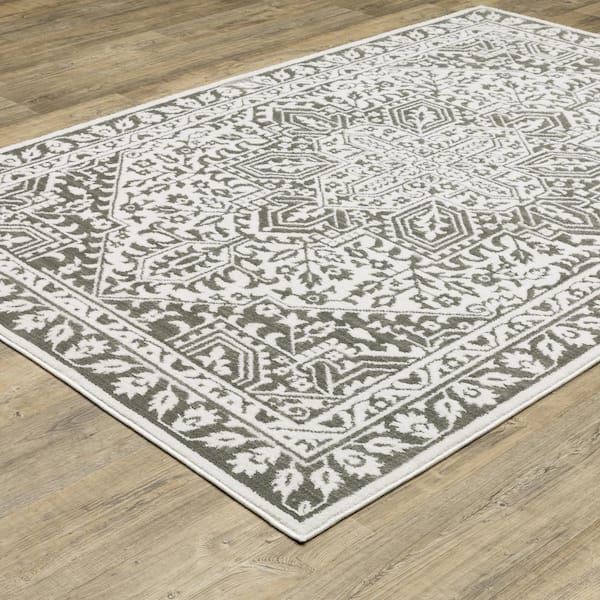 Monticello Gray/White 5 ft. x 8 ft. Center Oriental Medallion Polyester Indoor Area Rug