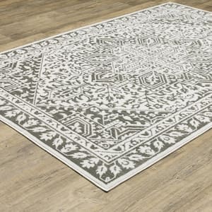 Monticello Gray/White 7 ft. x 10 ft. Center Oriental Medallion Polyester Indoor Area Rug