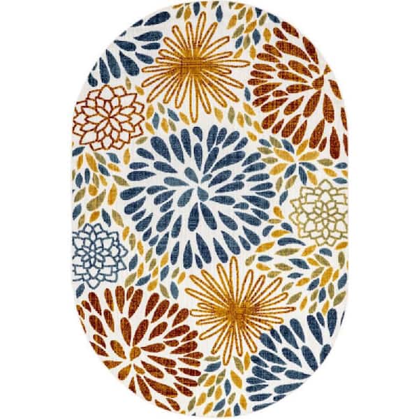Blue 6 ft. x 9 ft. Oval Transitional Floret Polypropylene Indoor/Outdoor Area Rug